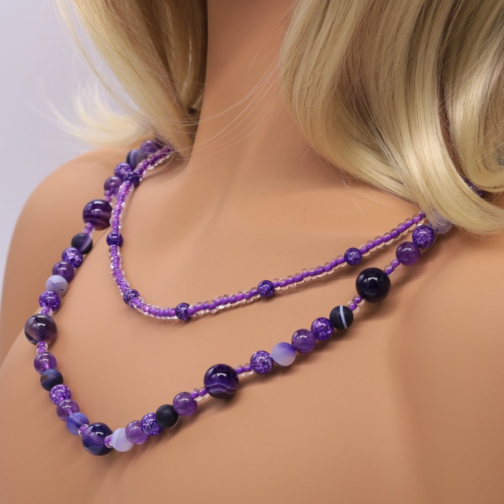 3 Piece Set Necklace With Bracelet, Earrings and Amethyst Seed Beads - Picture 2 of 6